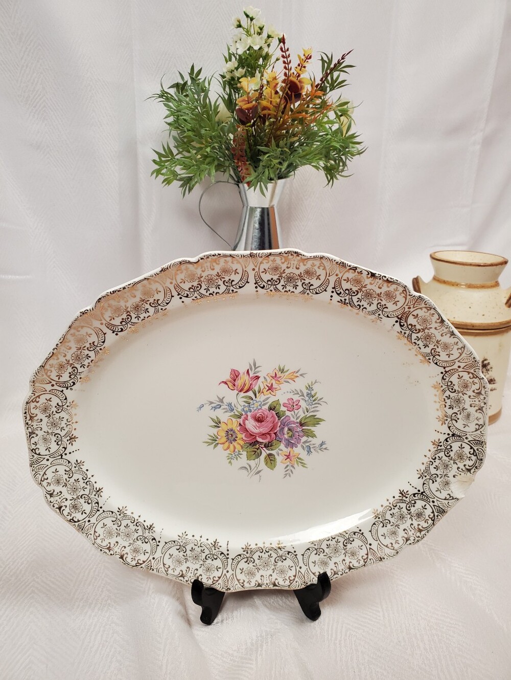Floral Ivory Serving Platter with Gold Filigree Border